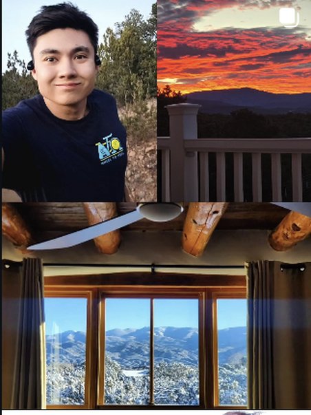 Portrait, sunset, and a cabin window view