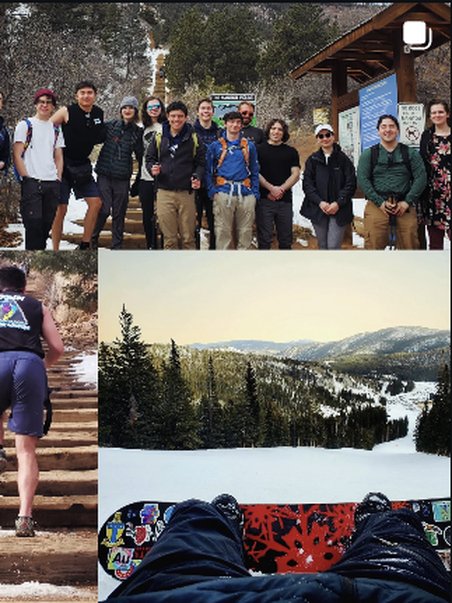 Hiking group on snowy stairs
