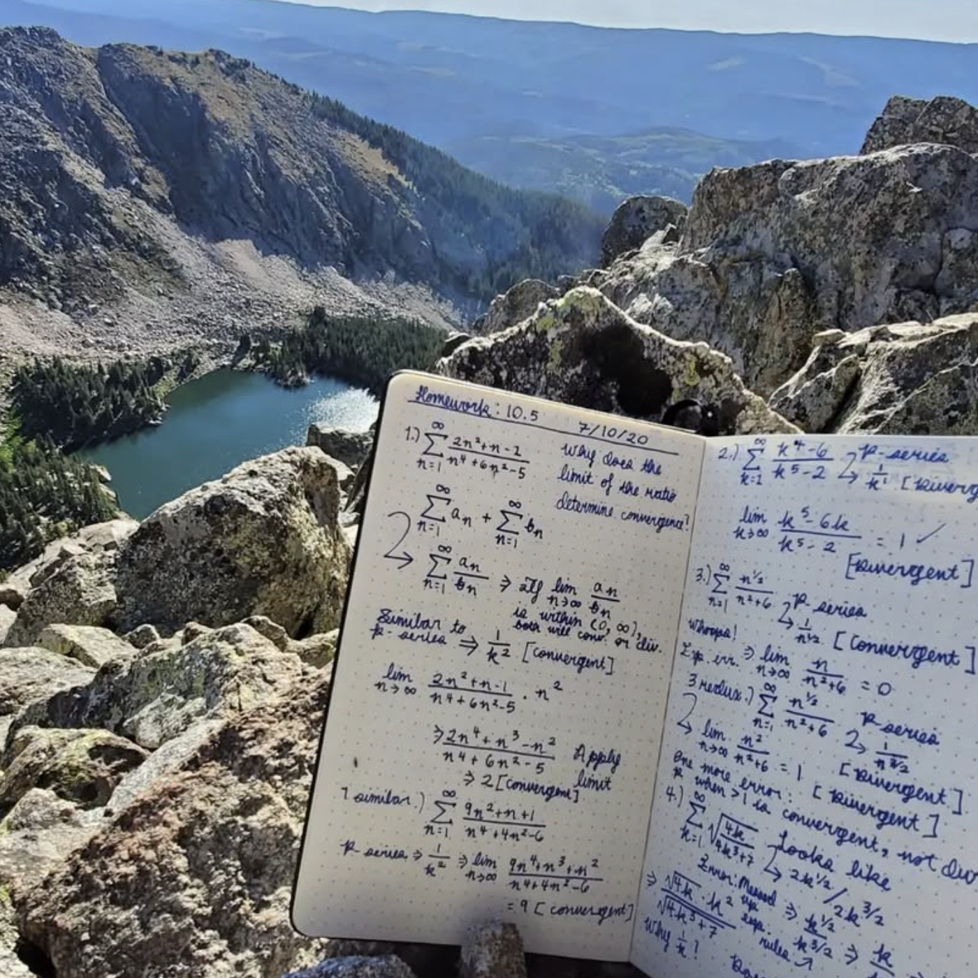 Calculus 2 notebook on mountain top