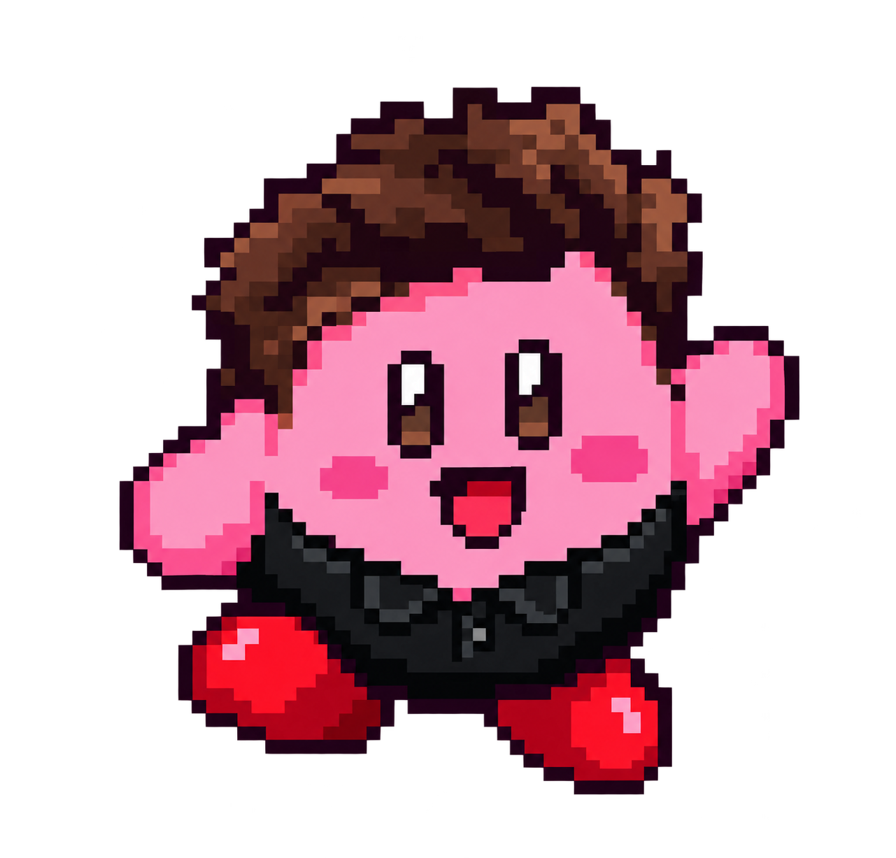 A custom 16-bit Griffin Kirby sprite with dark hair and a black polo